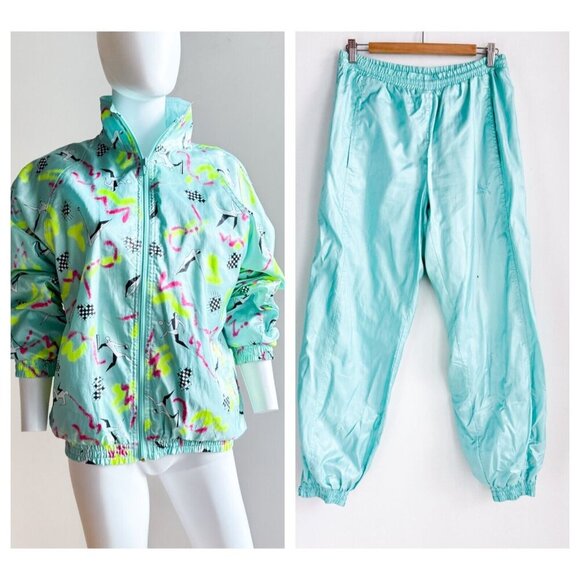 Vintage Puma Volleyball Print Turquoise Bright 2 Piece Warm up Track Suit 42/M - Picture 1 of 16
